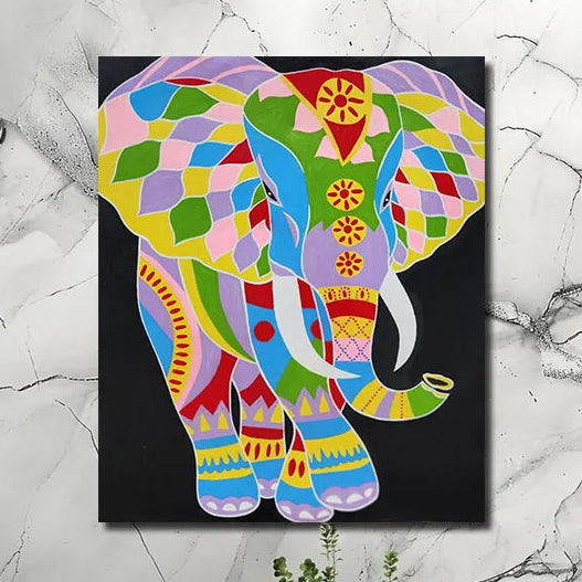 Colorful elephant canvas painting with vibrant geometric artwork for modern luxury wall décor interiors