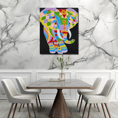 Colorful elephant canvas painting with vibrant geometric artwork for modern luxury wall décor interiors