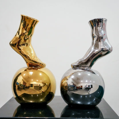 Balance Foot Ceramic Vase in Luxe Gold finish with reflective orb base