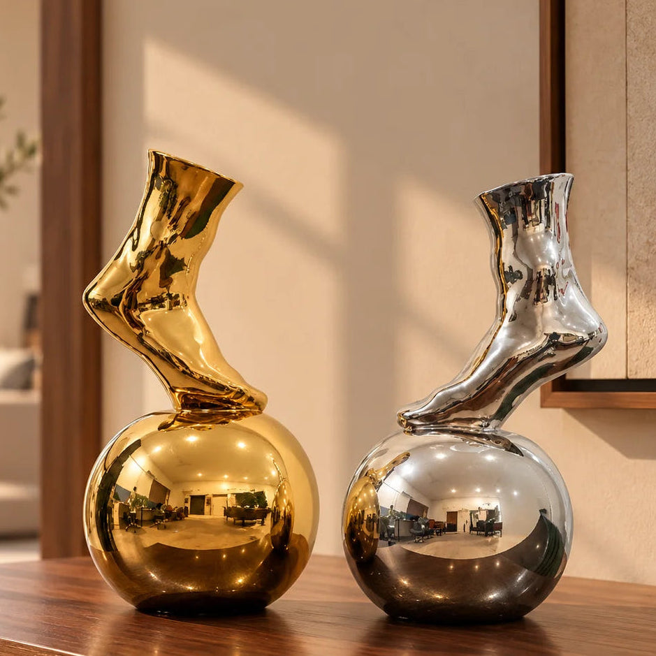 Balance Foot Ceramic Vase in Luxe Gold finish with reflective orb base