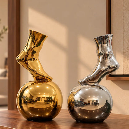 Balance Foot Ceramic Vase in Luxe Gold finish with reflective orb base