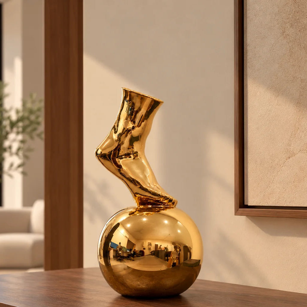 Balance Foot Ceramic Vase in Luxe Gold finish with reflective orb base