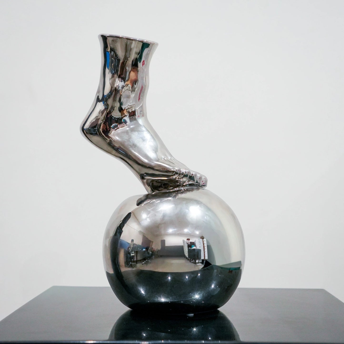 Balance Foot Ceramic Vase in Luxe Silver finish with reflective orb base