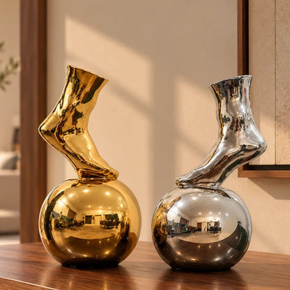 Balance Foot Ceramic Vase in Luxe Silver finish with reflective orb base