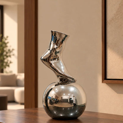Balance Foot Ceramic Vase in Luxe Silver finish with reflective orb base
