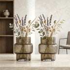 Amber banded vase pair, lavender on travertine