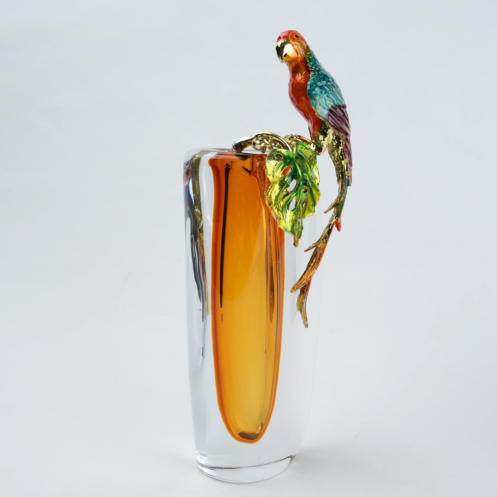 Parrot vase tall amber, macaw, side angle