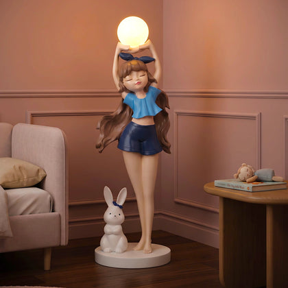 Blue Glow Girl Lamp with Bunny holding luminous orb – decorative floor lamp.
