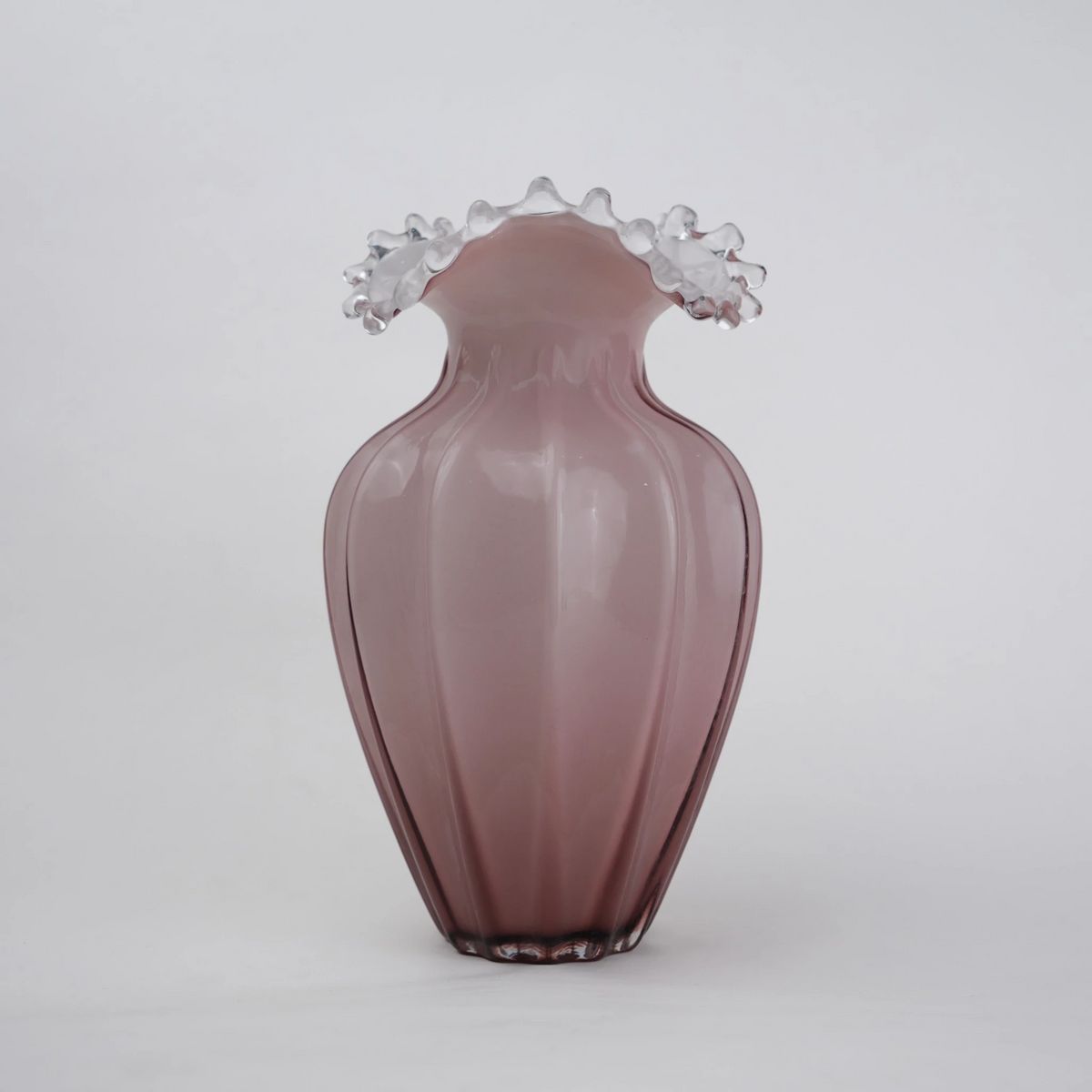 Mauve ribbed urn vase ruffled rim front