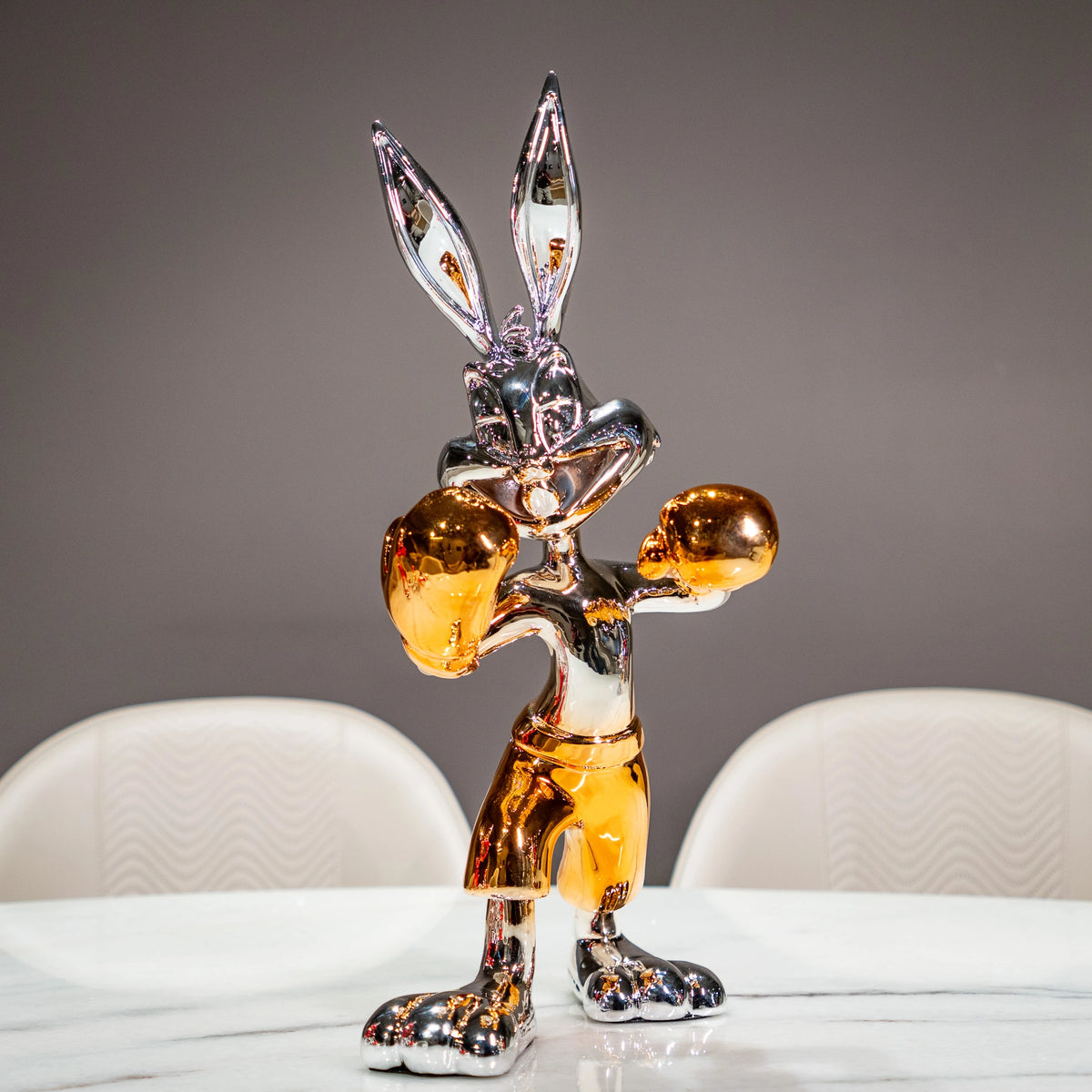 Chrome silver and gold bunny boxer decor figurine luxury collectible for modern home and office