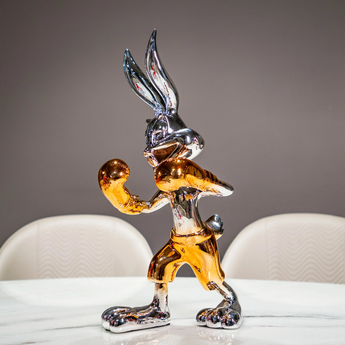 Chrome silver and gold bunny boxer decor figurine luxury collectible for modern home and office