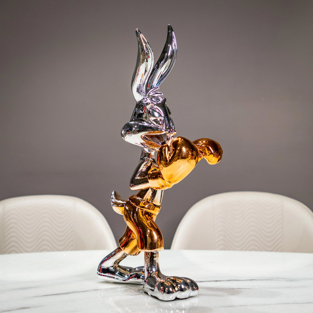 Chrome silver and gold bunny boxer decor figurine luxury collectible for modern home and office