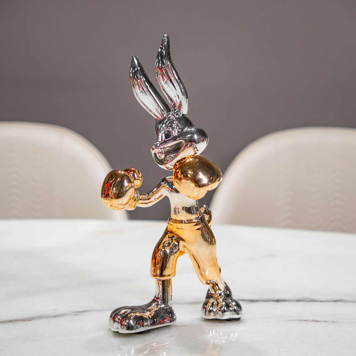 Chrome silver and gold bunny boxer decor figurine luxury collectible for modern home and office