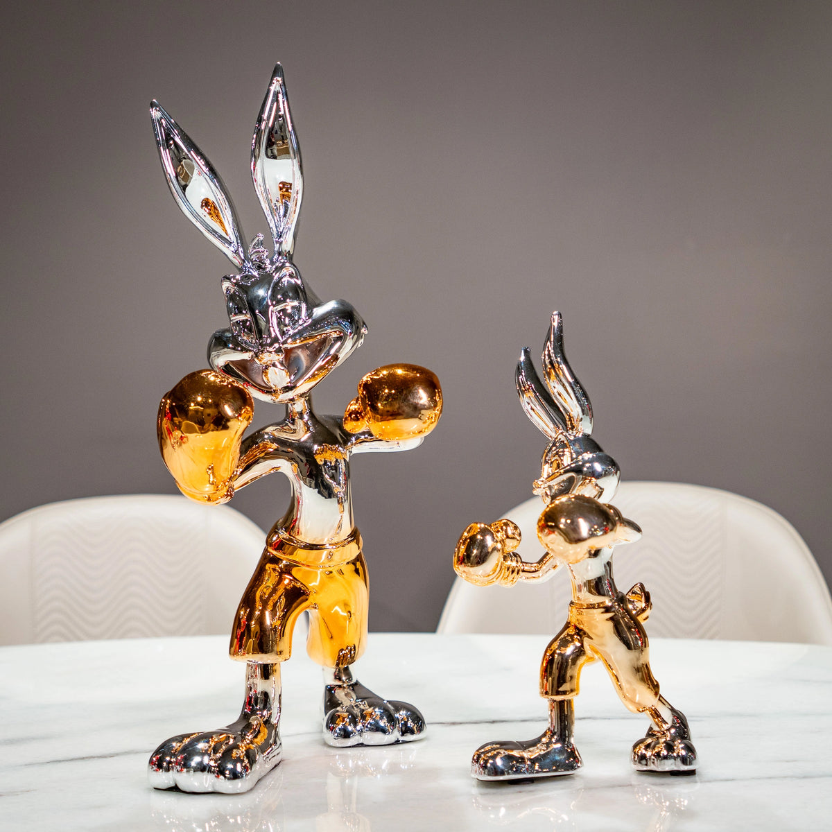 Chrome silver and gold bunny boxer decor figurine luxury collectible for modern home and office