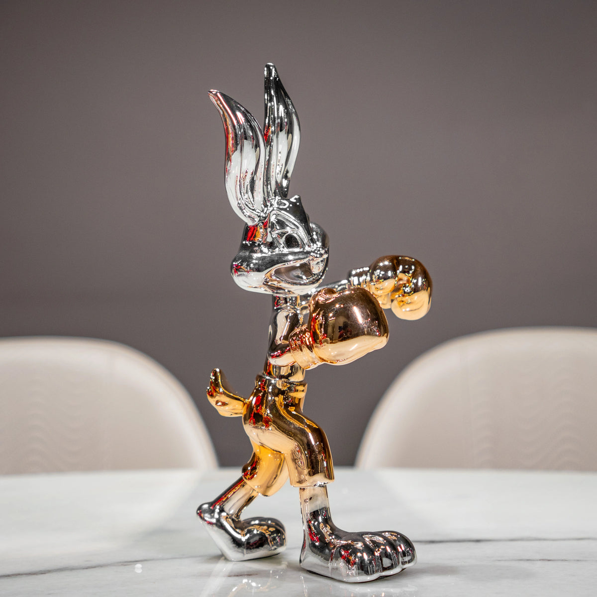 Chrome silver and gold bunny boxer decor figurine luxury collectible for modern home and office