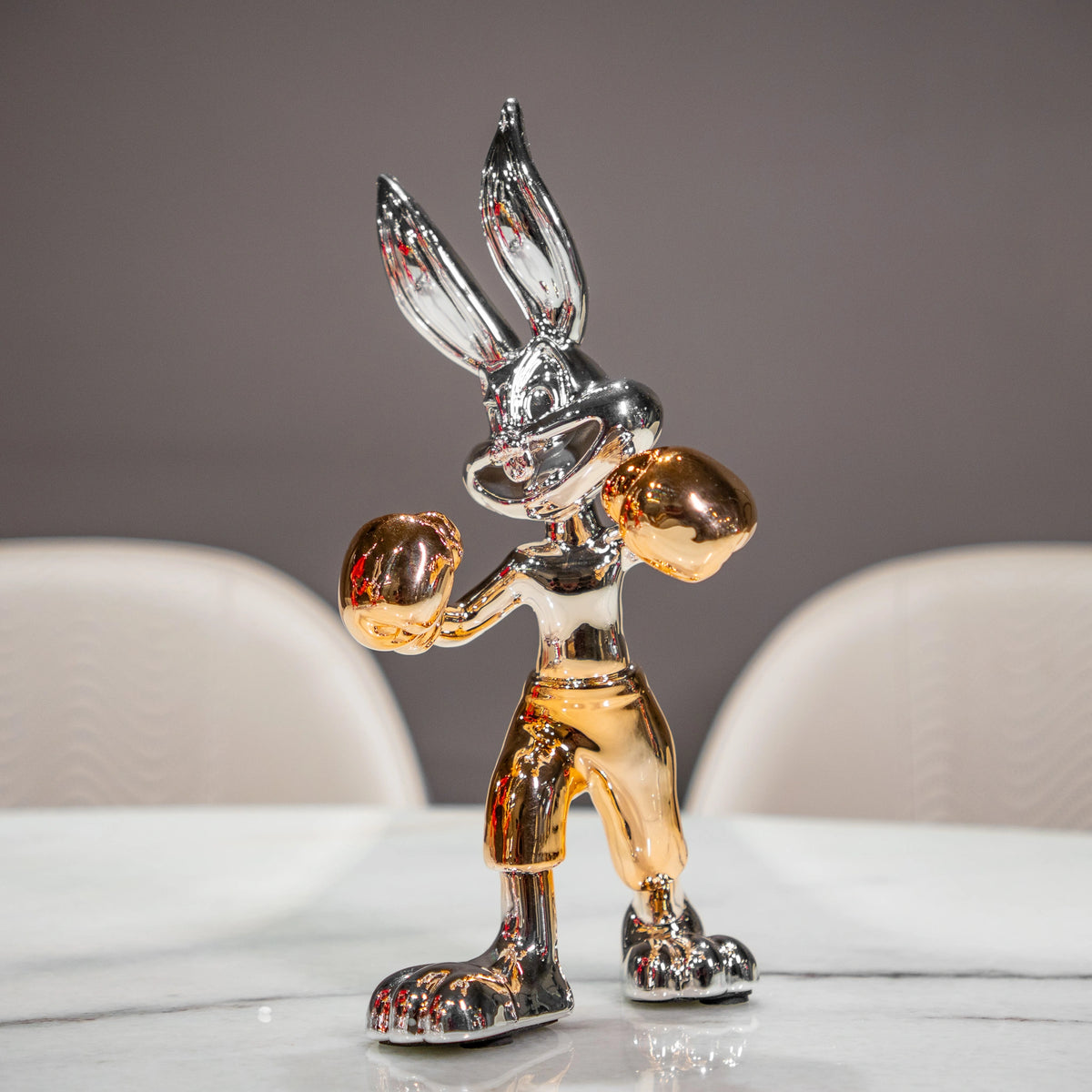 Chrome silver and gold bunny boxer decor figurine luxury collectible for modern home and office