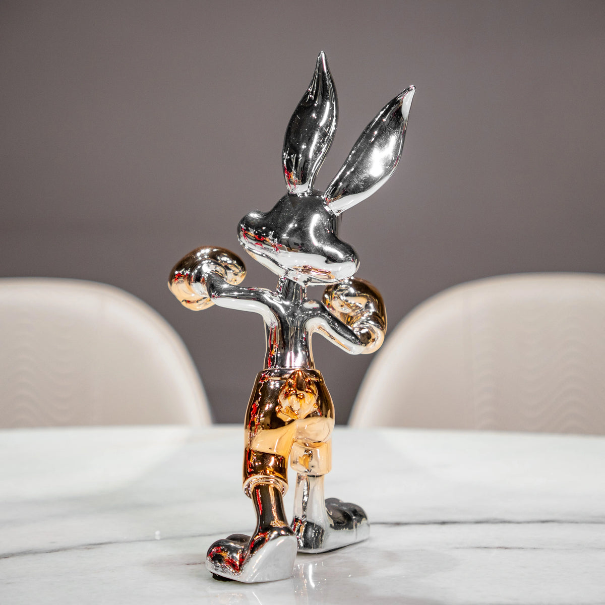 Chrome silver and gold bunny boxer decor figurine luxury collectible for modern home and office