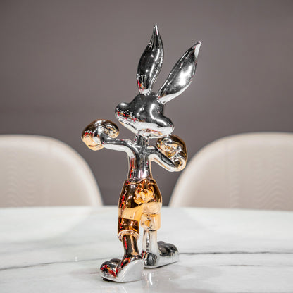 Chrome silver and gold bunny boxer decor figurine luxury collectible for modern home and office