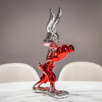 Resin bunny boxer figurine with chrome black finish and scarlet red gloves and shorts