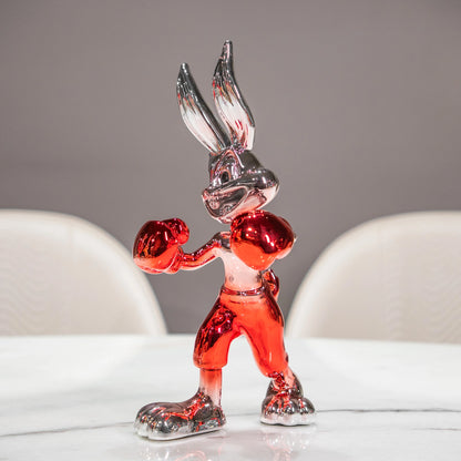 Resin bunny boxer figurine with chrome black finish and scarlet red gloves and shorts