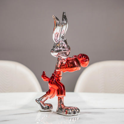 Resin bunny boxer figurine with chrome black finish and scarlet red gloves and shorts