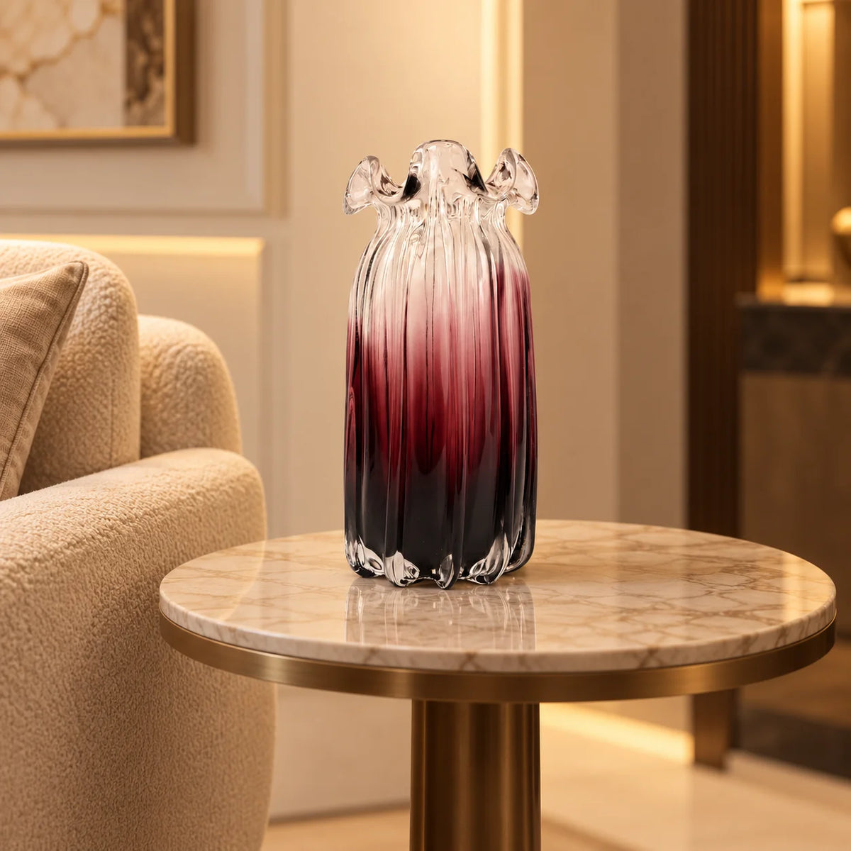 Blush and black ombre glass vase with ribbed texture and flared rim