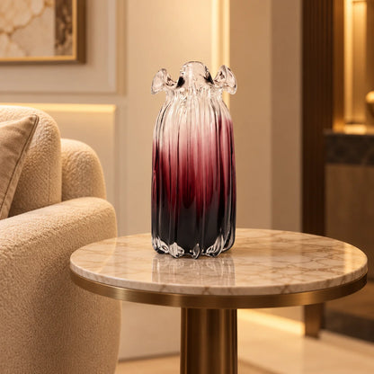 Blush and black ombre glass vase with ribbed texture and flared rim
