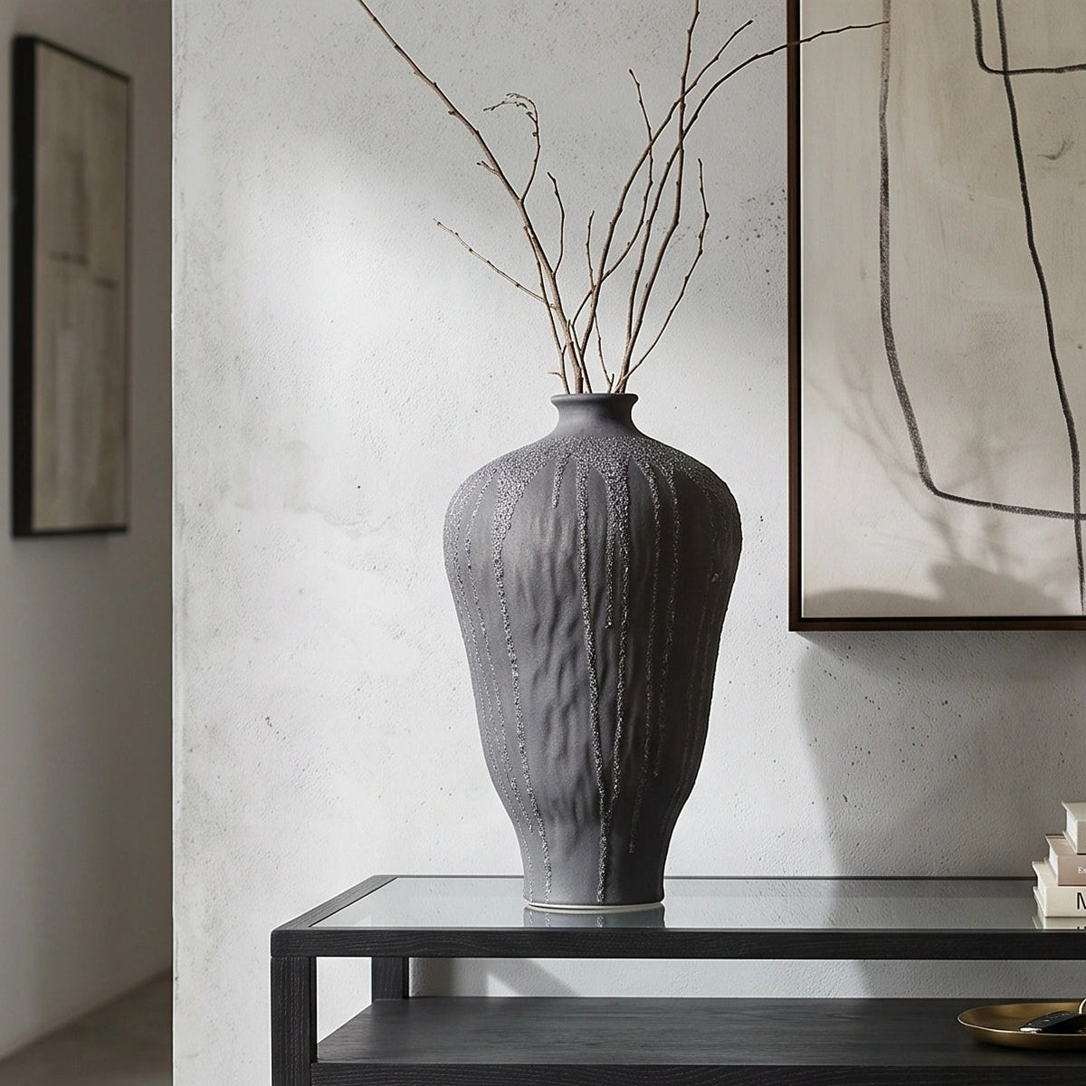Charcoal Grey Drip Ceramic Vase