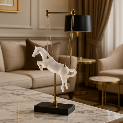 Gold galloping horse decor inside black frame tabletop display