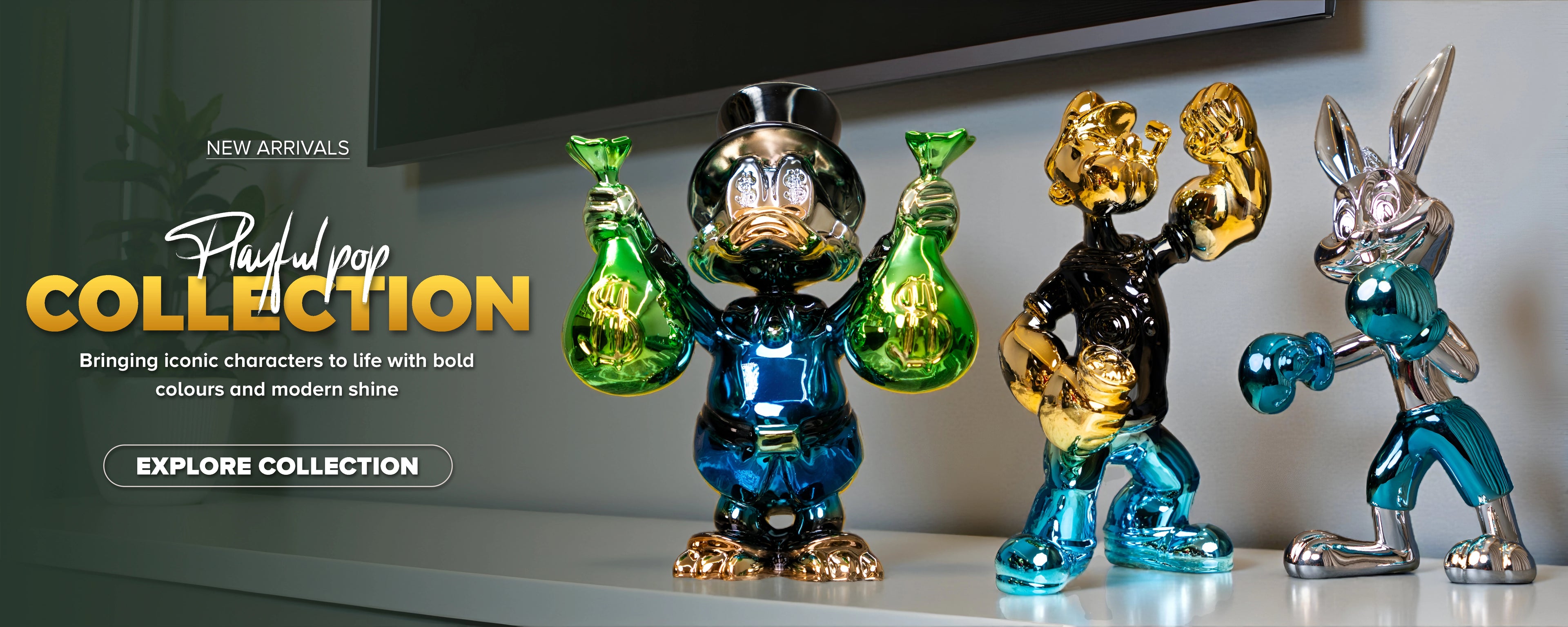 Playful Pop Collection metallic cartoon-inspired sculptures in bold glossy colours.