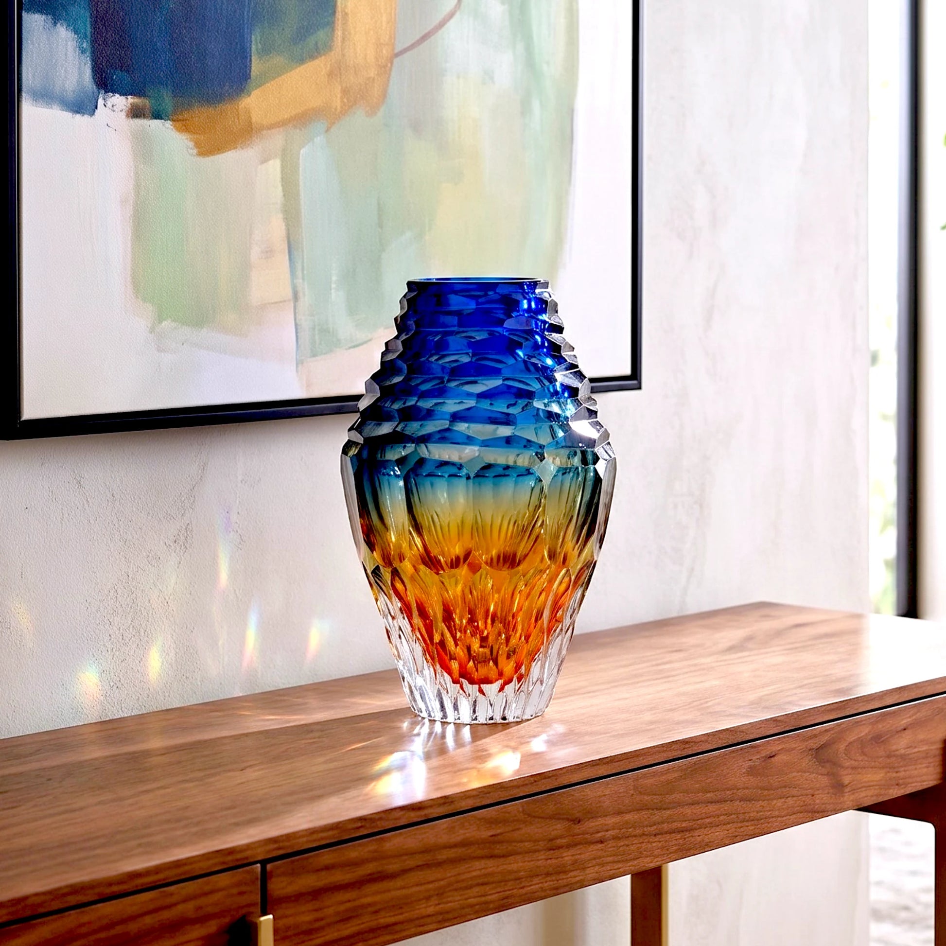 chromara facet glass vase with blue amber gradient and geometric cut design