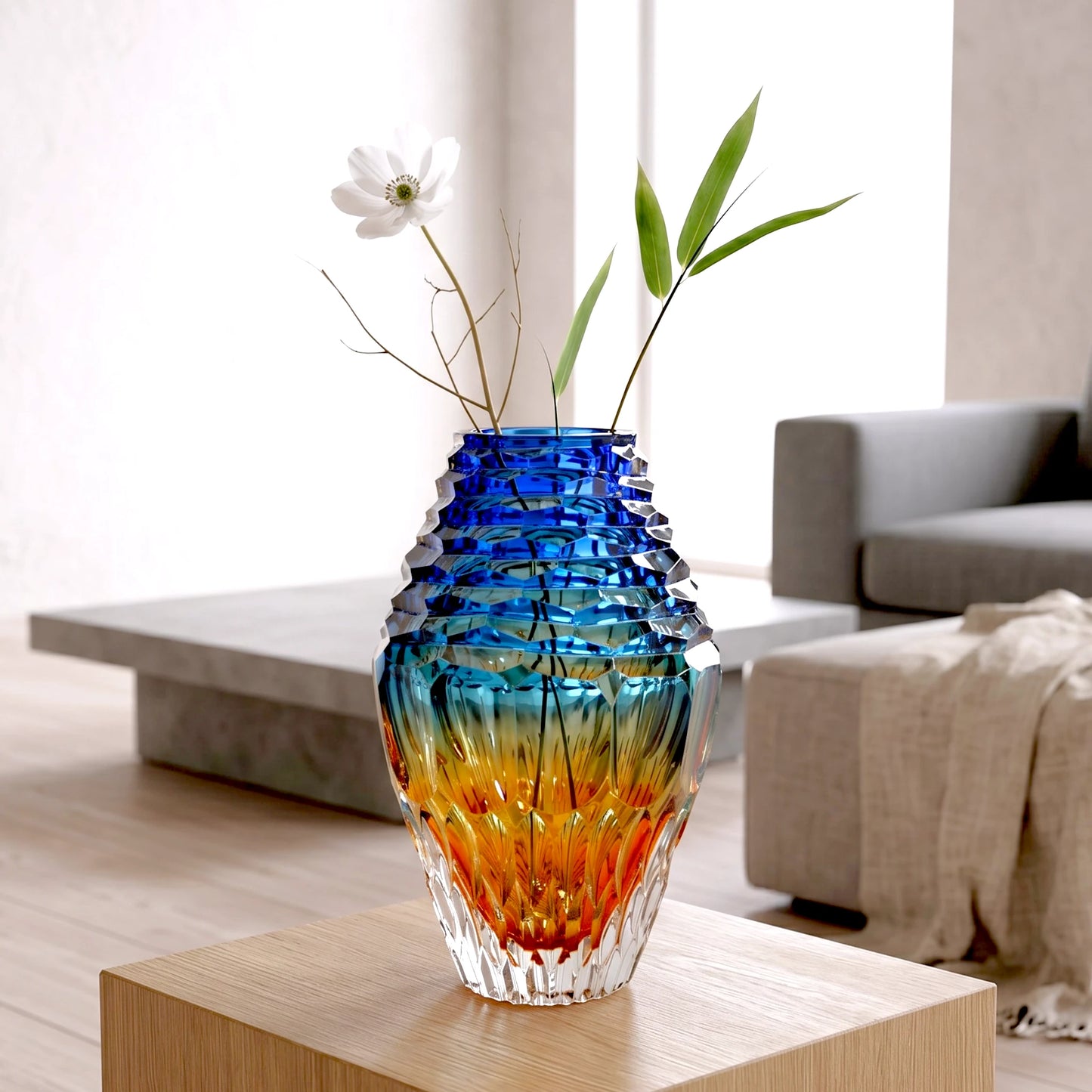 chromara facet glass vase with blue amber gradient and geometric cut design