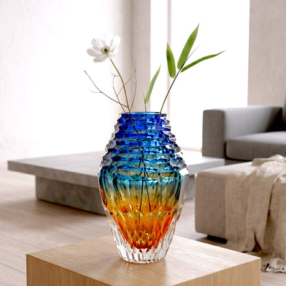 chromara facet glass vase with blue amber gradient and geometric cut design