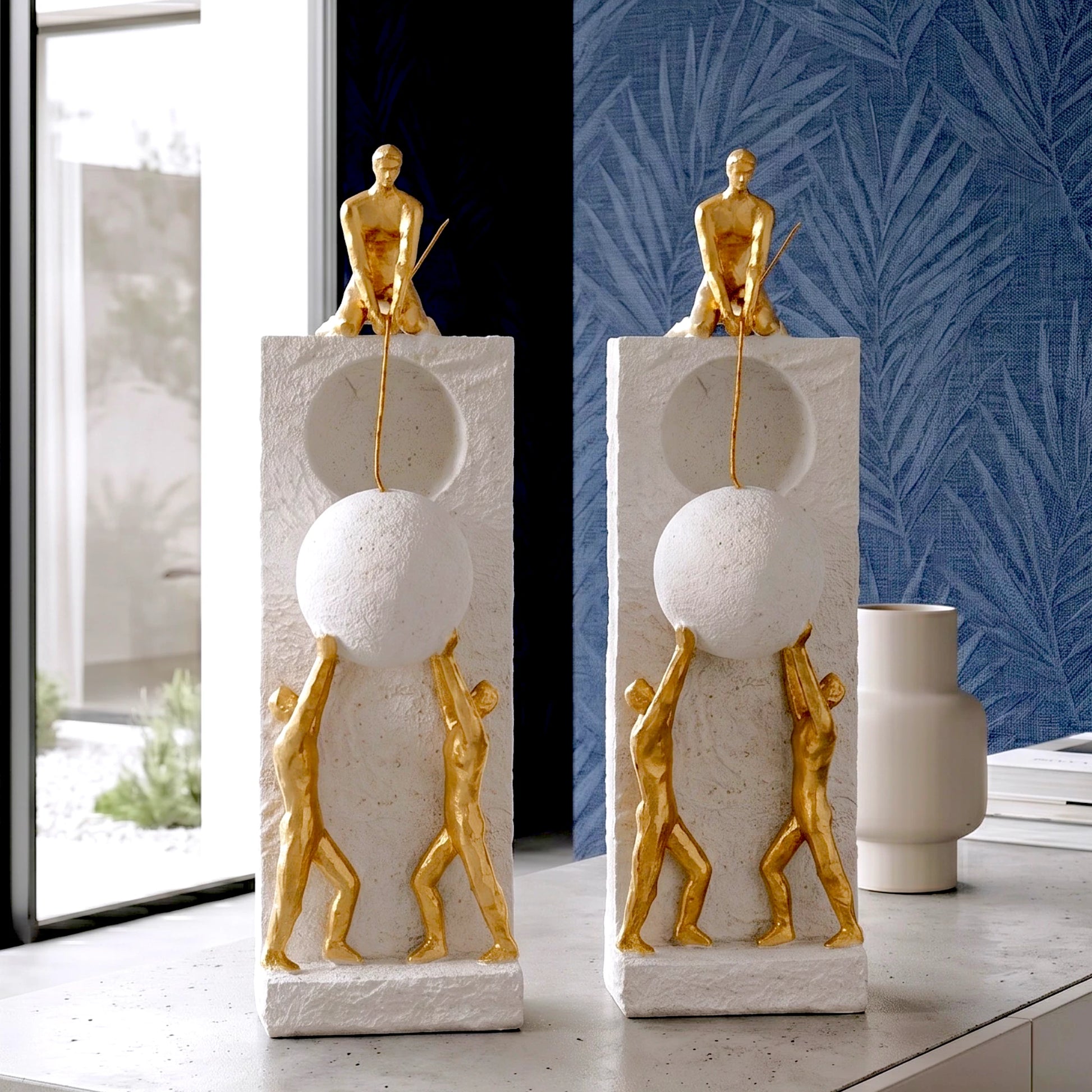 Collective Rise ivory pair, blue palm wall