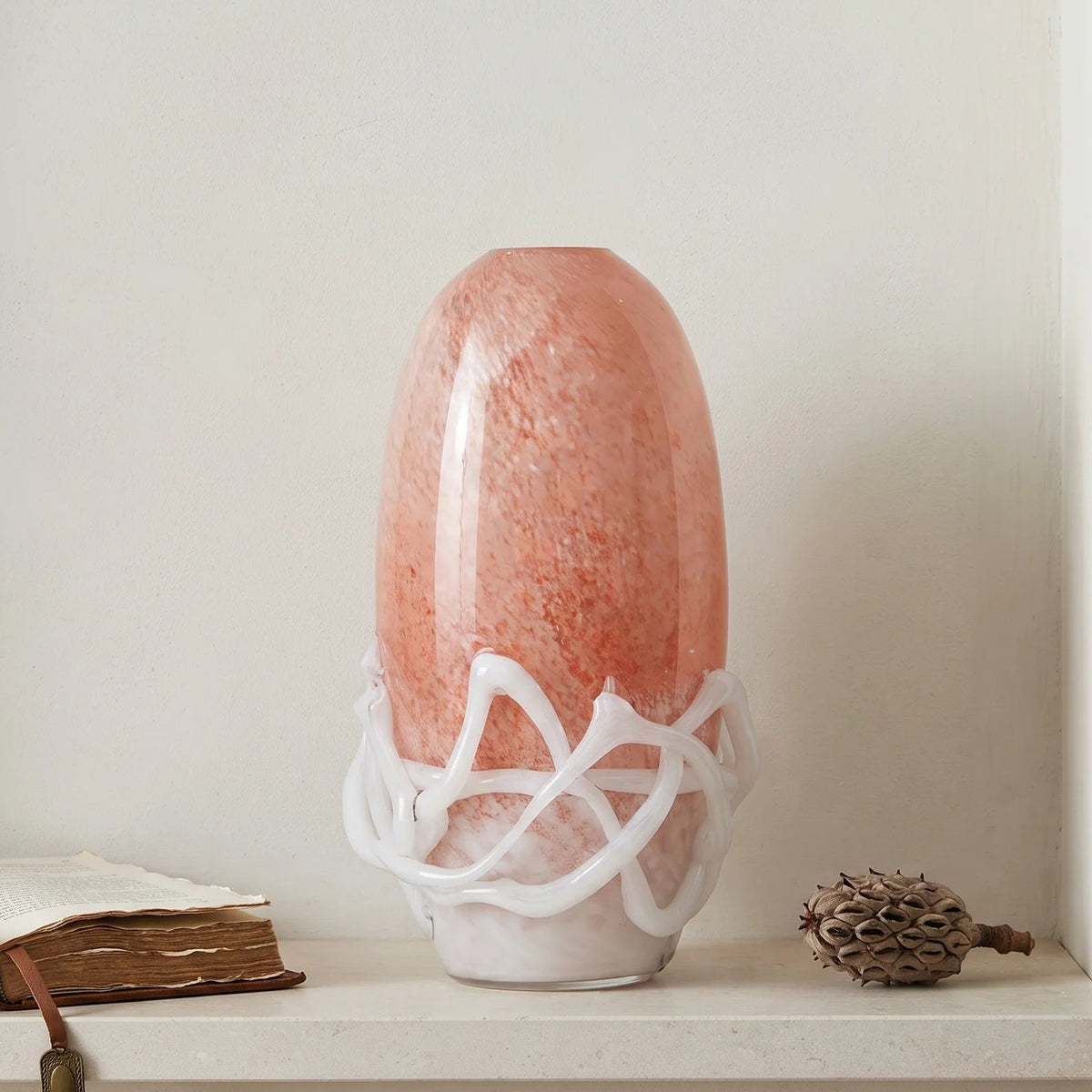 Peach glass vase with white abstract base design available in small and big sizes for modern home decor