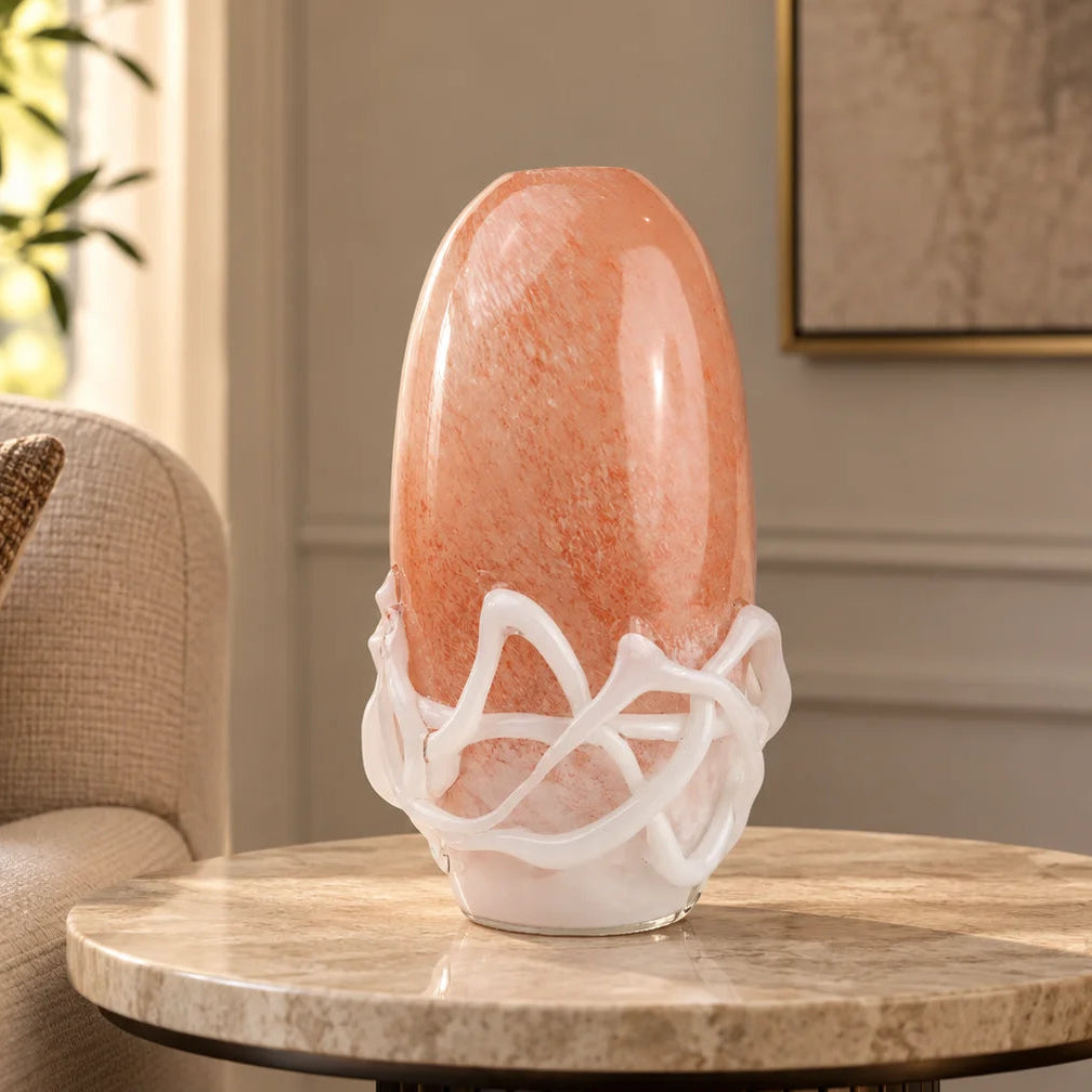 Peach glass vase with white abstract base design available in small and big sizes for modern home decor