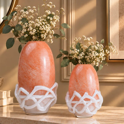 Peach glass vase with white abstract base design available in small and big sizes for modern home decor