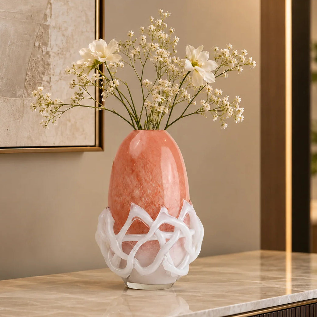 Peach glass vase with white abstract base design available in small and big sizes for modern home decor