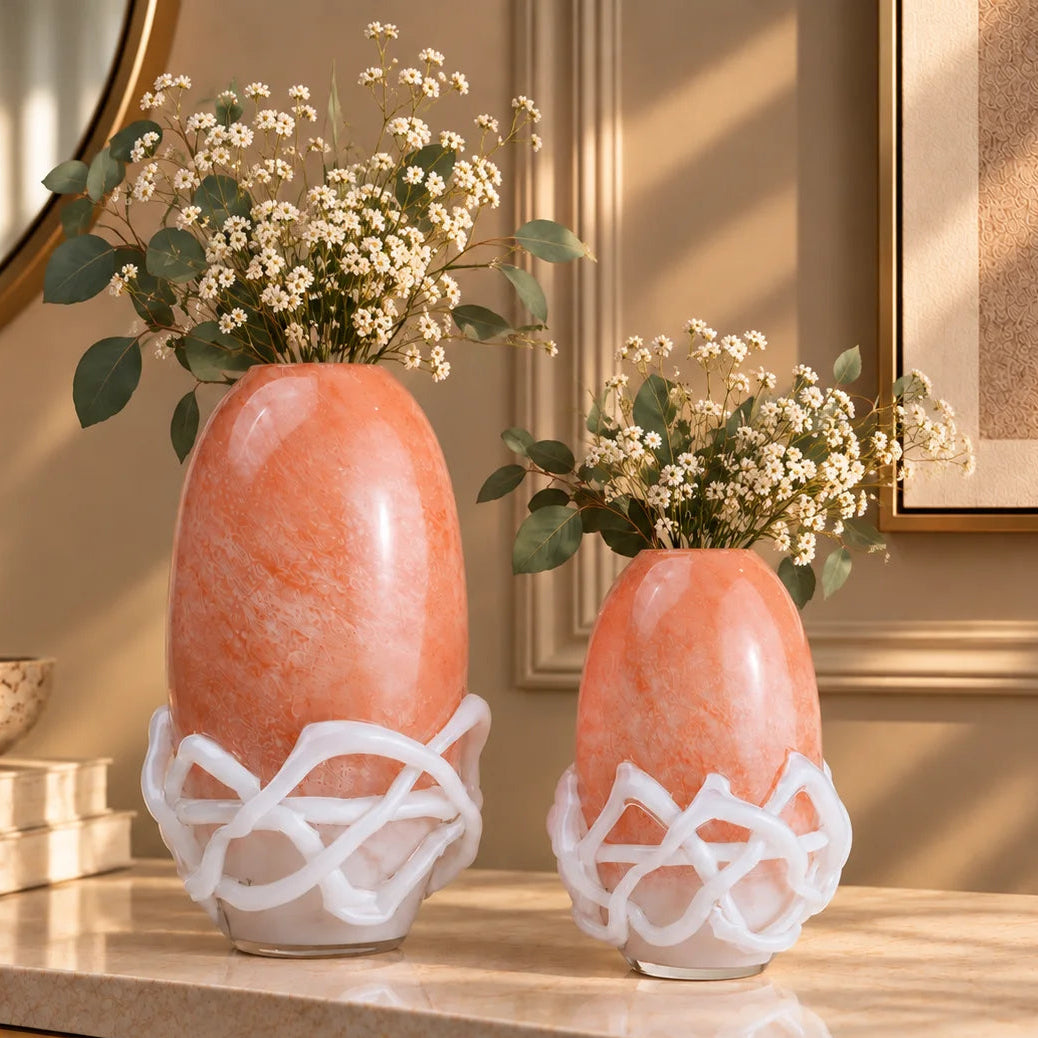 Peach glass vase with white abstract base design available in small and big sizes for modern home decor