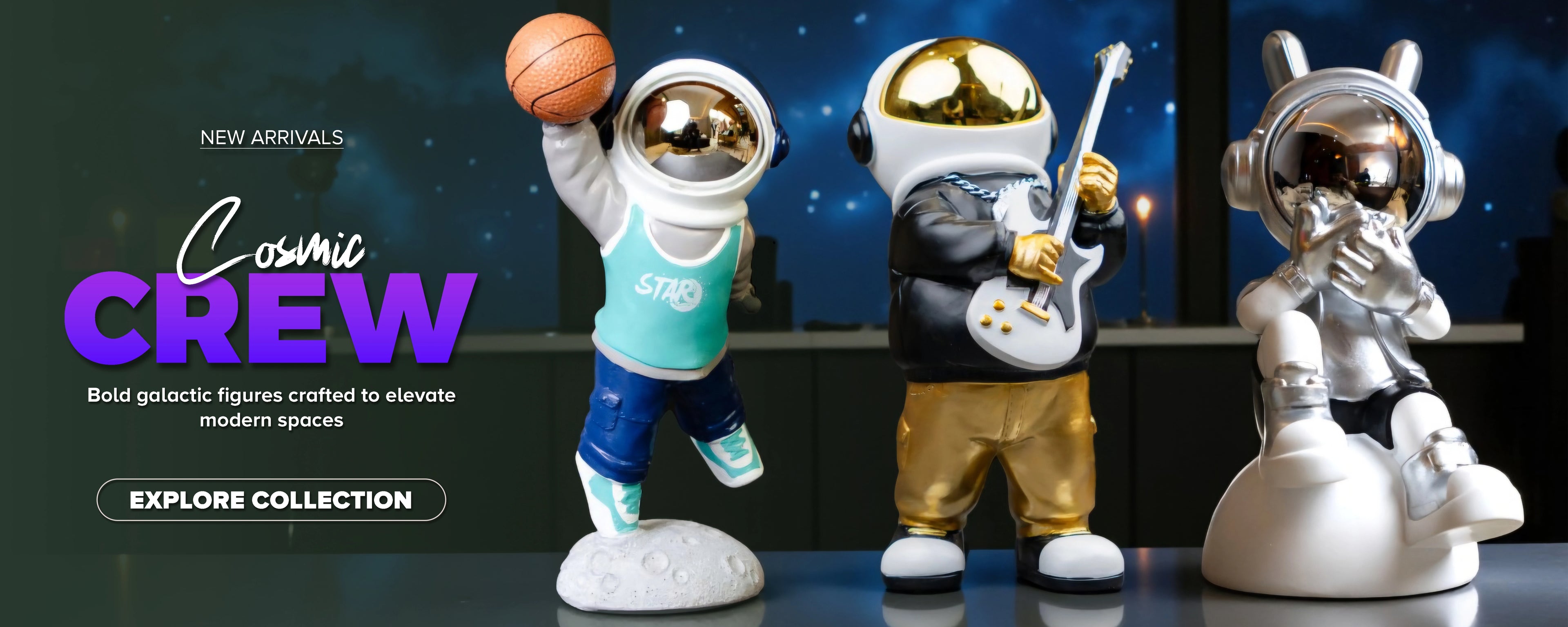 Cosmic Crew astronaut figurines featuring basketball, guitar, and silver bunny-eared designs