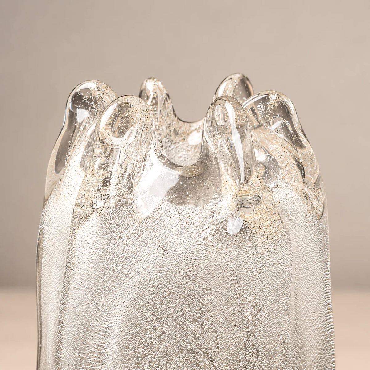 Radiant golden vase w/ hydrangeas, light wood