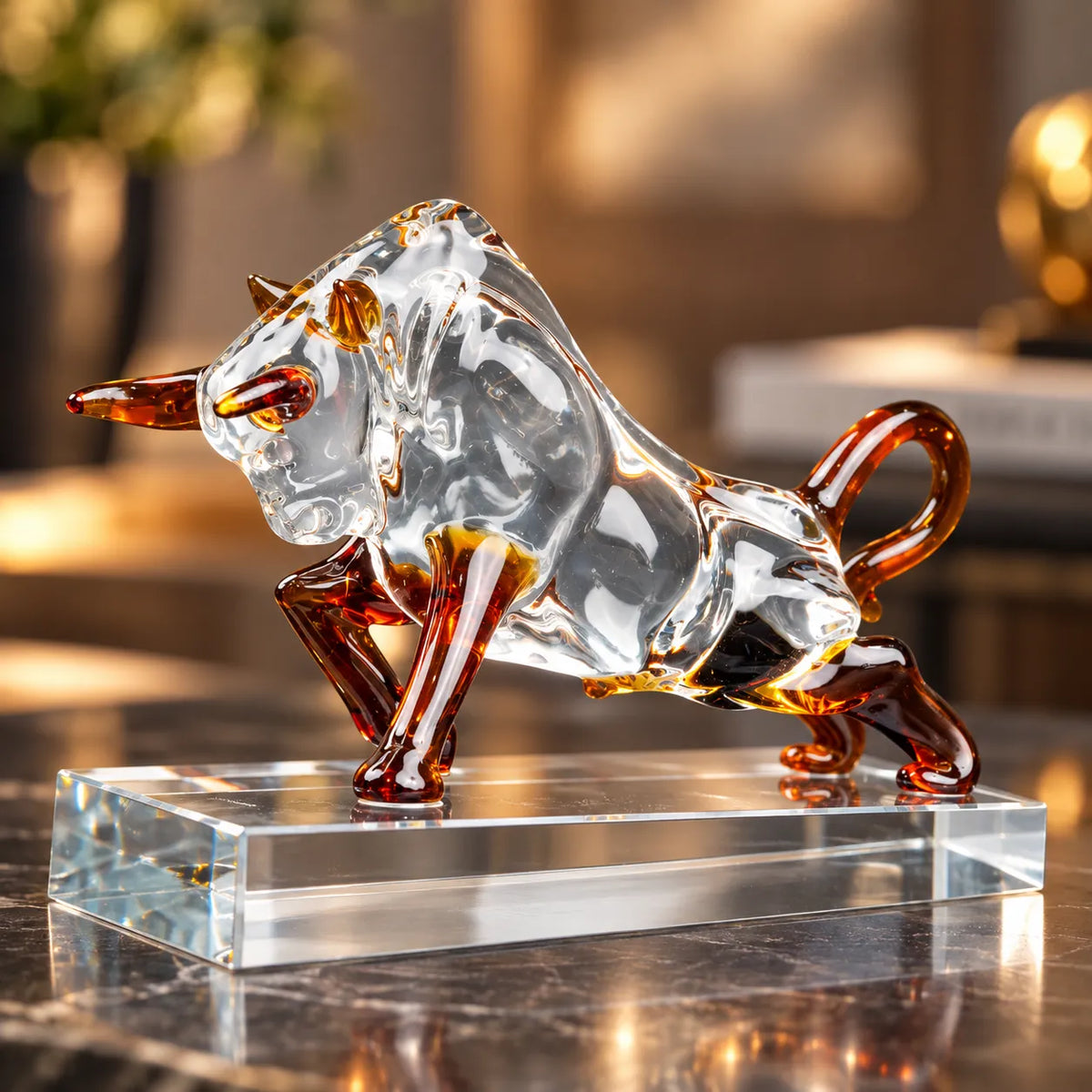 Modern charging bull sculpture with crystal finish and warm amber brown details