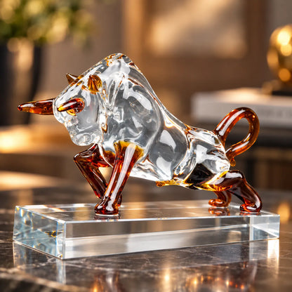 Modern charging bull sculpture with crystal finish and warm amber brown details