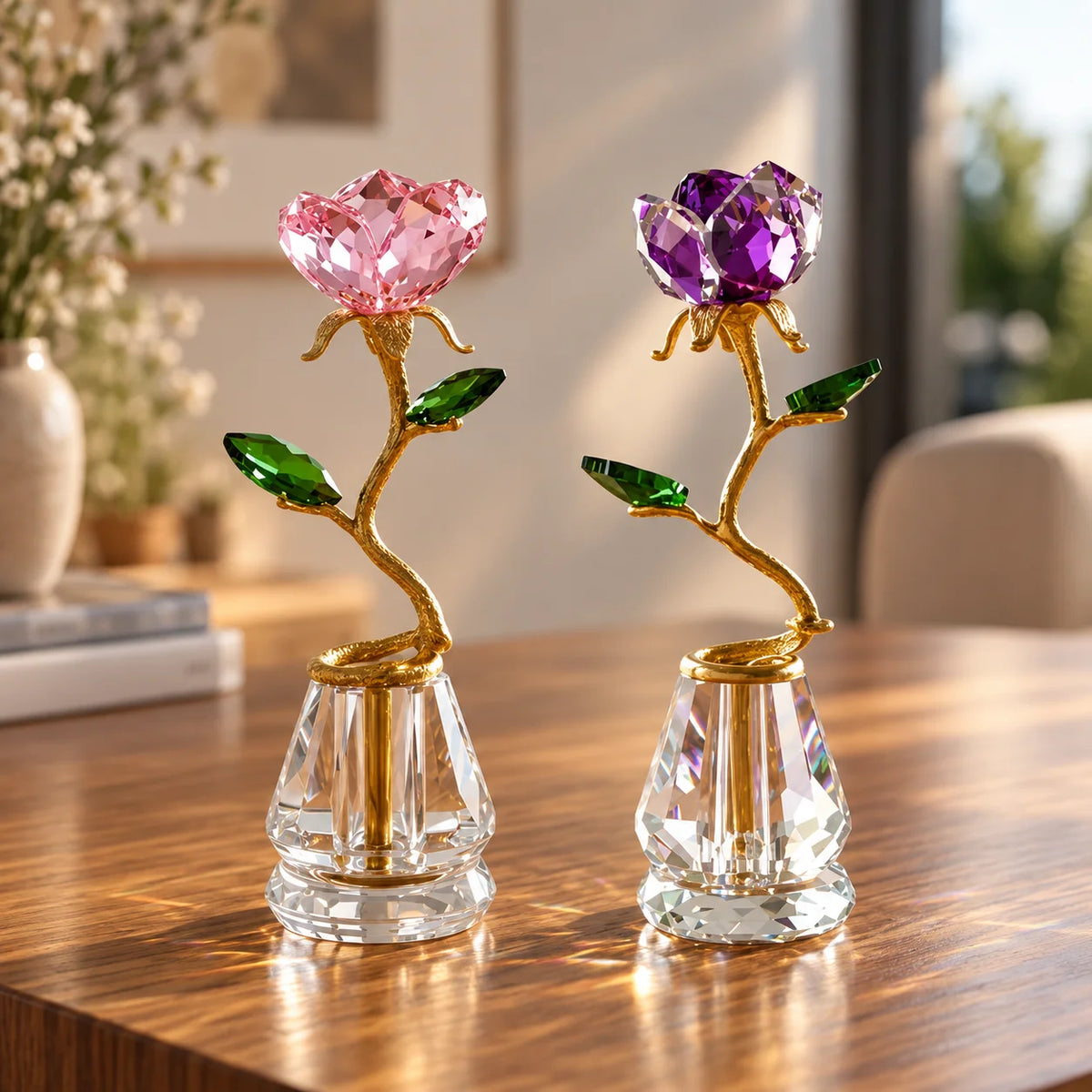 Two decorative crystal flower vases with gold stems and faceted crystal petals, one pink and one purple, displayed on a wooden table in a softly lit indoor setting.