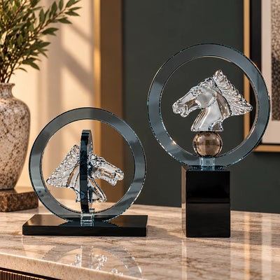 Crystal Horse Head Decor | Modern Equestrian Tabletop Figurine with Circular Frame and Black Base, Decorative Accent for Home and Office
