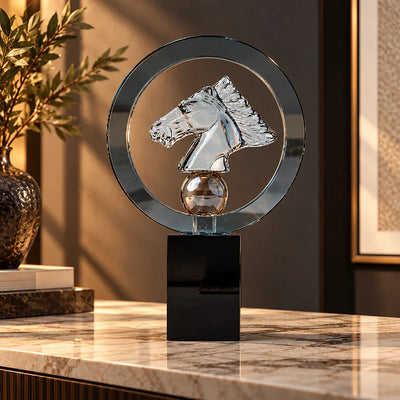 Crystal Horse Head Decor | Modern Equestrian Tabletop Figurine with Circular Frame and Black Base, Decorative Accent for Home and Office