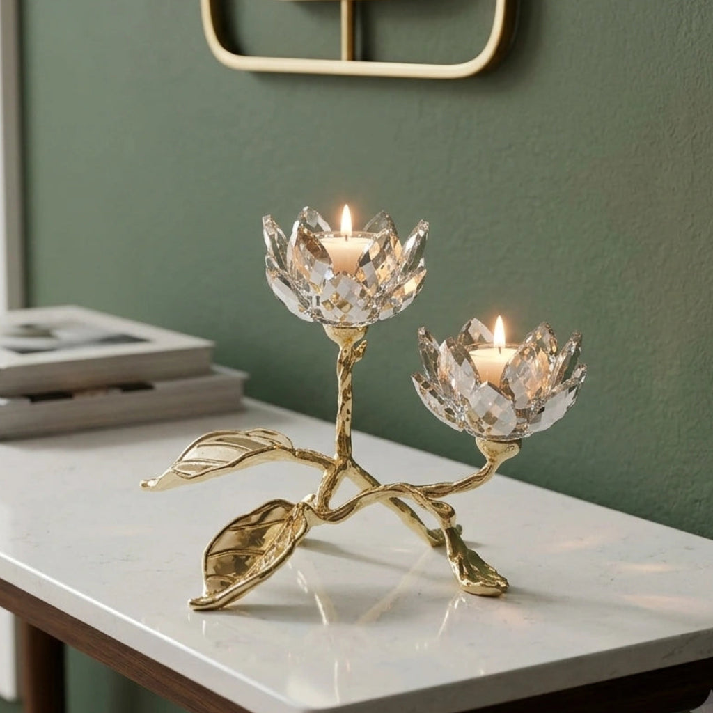 crystal lotus dual candle holder gold base decor