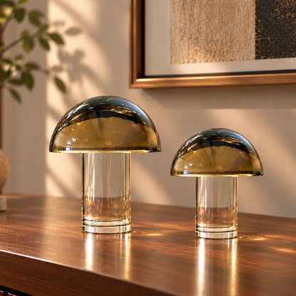 Luxury mushroom-inspired smoked glass décor accent featuring a tinted glass dome and clear cylindrical glass base, perfect for coffee tables, console tables, bookshelves and modern designer interiors.