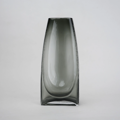 Curved grey vase pair w/ rose, travertine