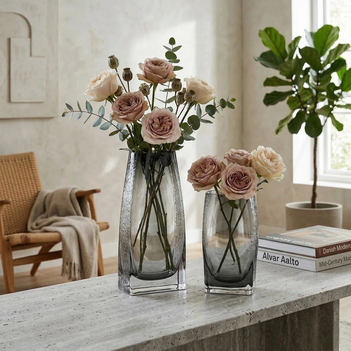 Curved grey vase pair w/ rose, travertine